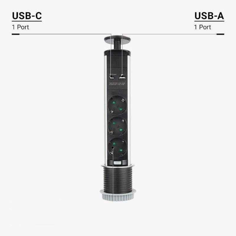 Baldinis šakotuvas, 3 lizdai, USB A, C, su 1.5m laidu 3