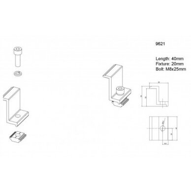 Galinis prispaudėjas su M8x25mm varžtu, veržle ir poveržle 30mm storio panelei 3 Galinis prispaudėjas su M8x25mm varžtu, veržle ir poveržle 30mm storio panelei 3