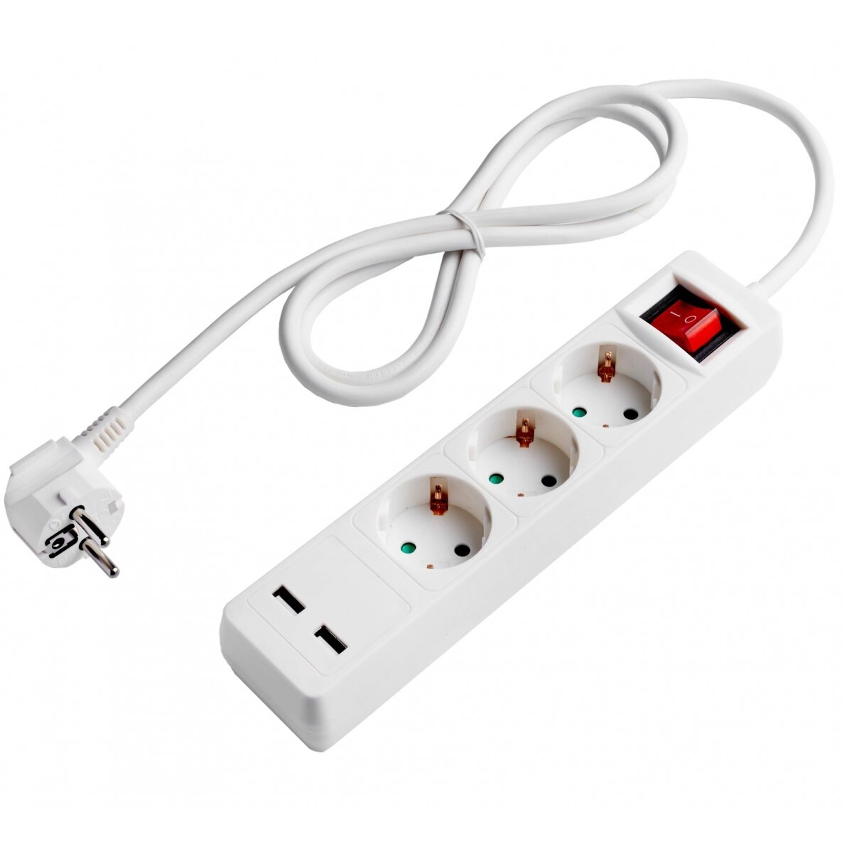 Power Strip, 3 Sockets, On/Off button, 2xUSB, 1.5m