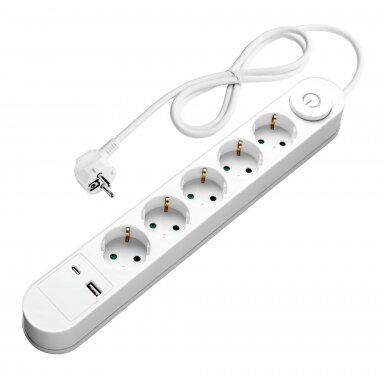 Ilgintuvas, 1.5m, 5 lizdai, su jungtuku, 2xUSB, ovalinis