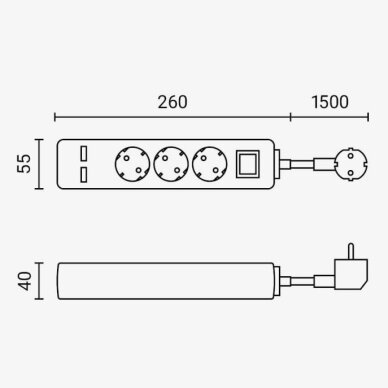Power Strip, 3 Sockets, On/Off button, 2xUSB, 1.5m 2