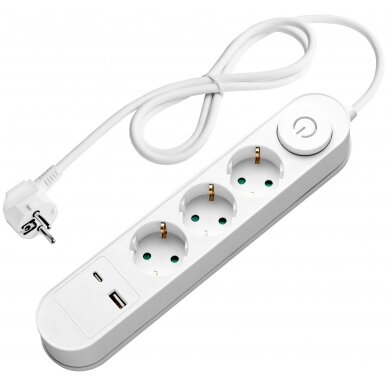Power Strip, 3 Sockets, On/Off button, USBx2, 1.5m, Oval