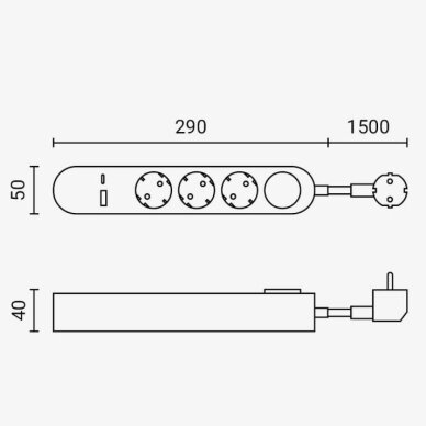 Power Strip, 3 Sockets, On/Off button, USBx2, 1.5m, Oval 2