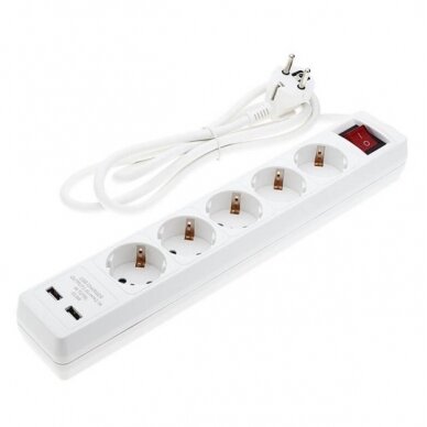 Power Strip, 5 Sockets, On/Off button, 2xUSB, 1.5m 1