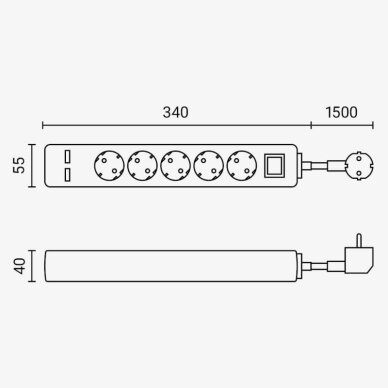 Power Strip, 5 Sockets, On/Off button, 2xUSB, 1.5m 2