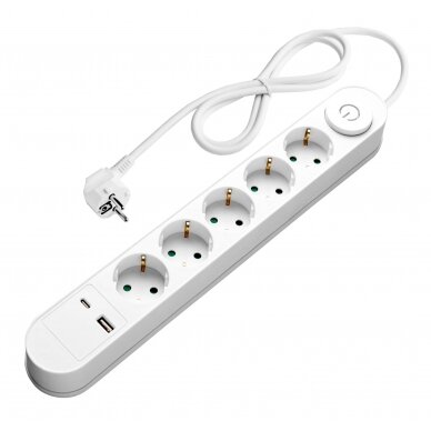 Ilgintuvas, 1.5m, 5 lizdai, su jungtuku, 2xUSB, ovalinis