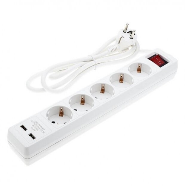 Power Strip, 5 Sockets, On/Off button, 2xUSB, 1.5m 1