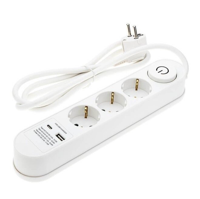 Power Strip, 3 Sockets, On/Off button, USBx2, 1.5m, Oval 1