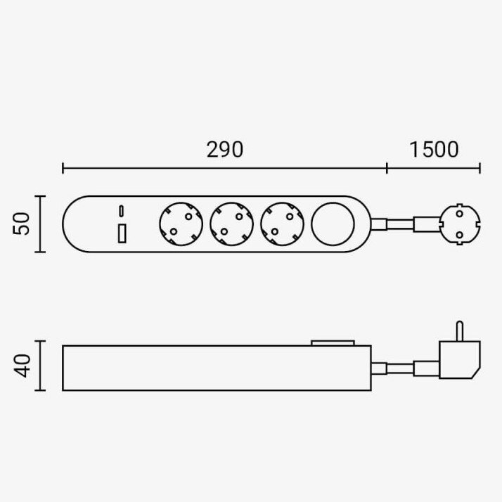 Power Strip, 3 Sockets, On/Off button, USBx2, 1.5m, Oval 2