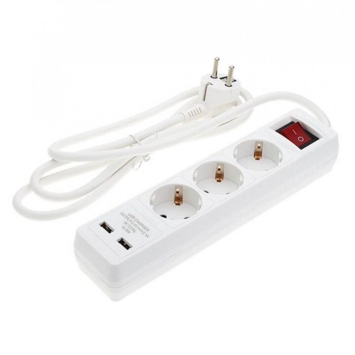 Power Strip, 3 Sockets, On/Off button, 2xUSB, 1.5m 1