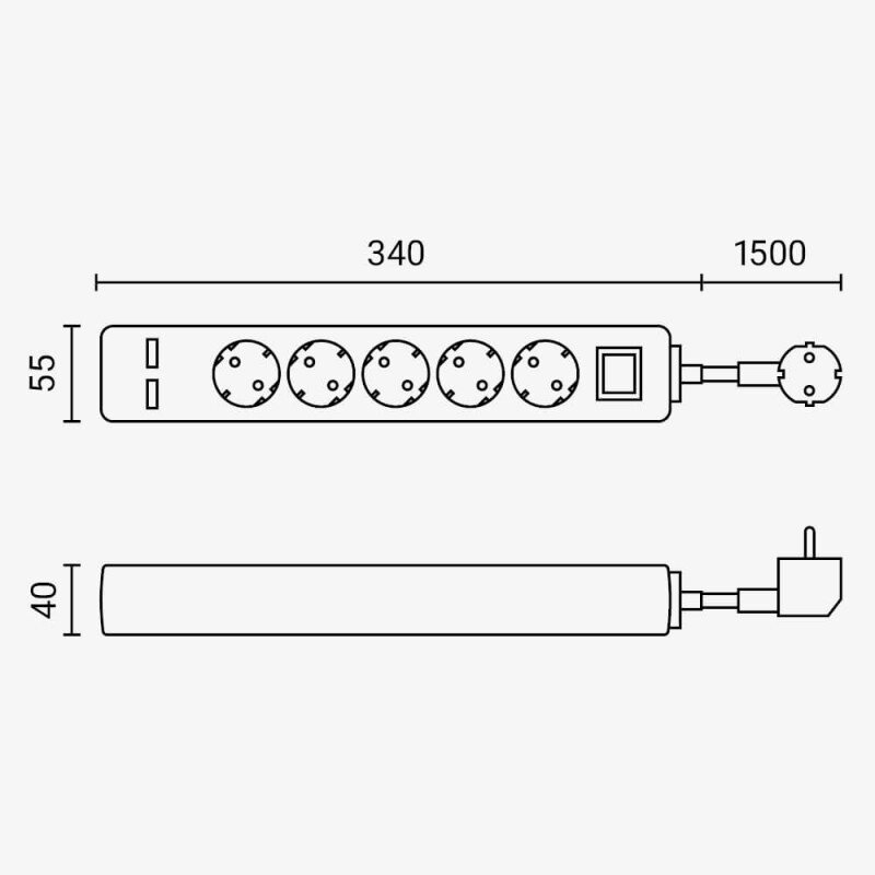 Power Strip, 5 Sockets, On/Off button, 2xUSB, 1.5m 2