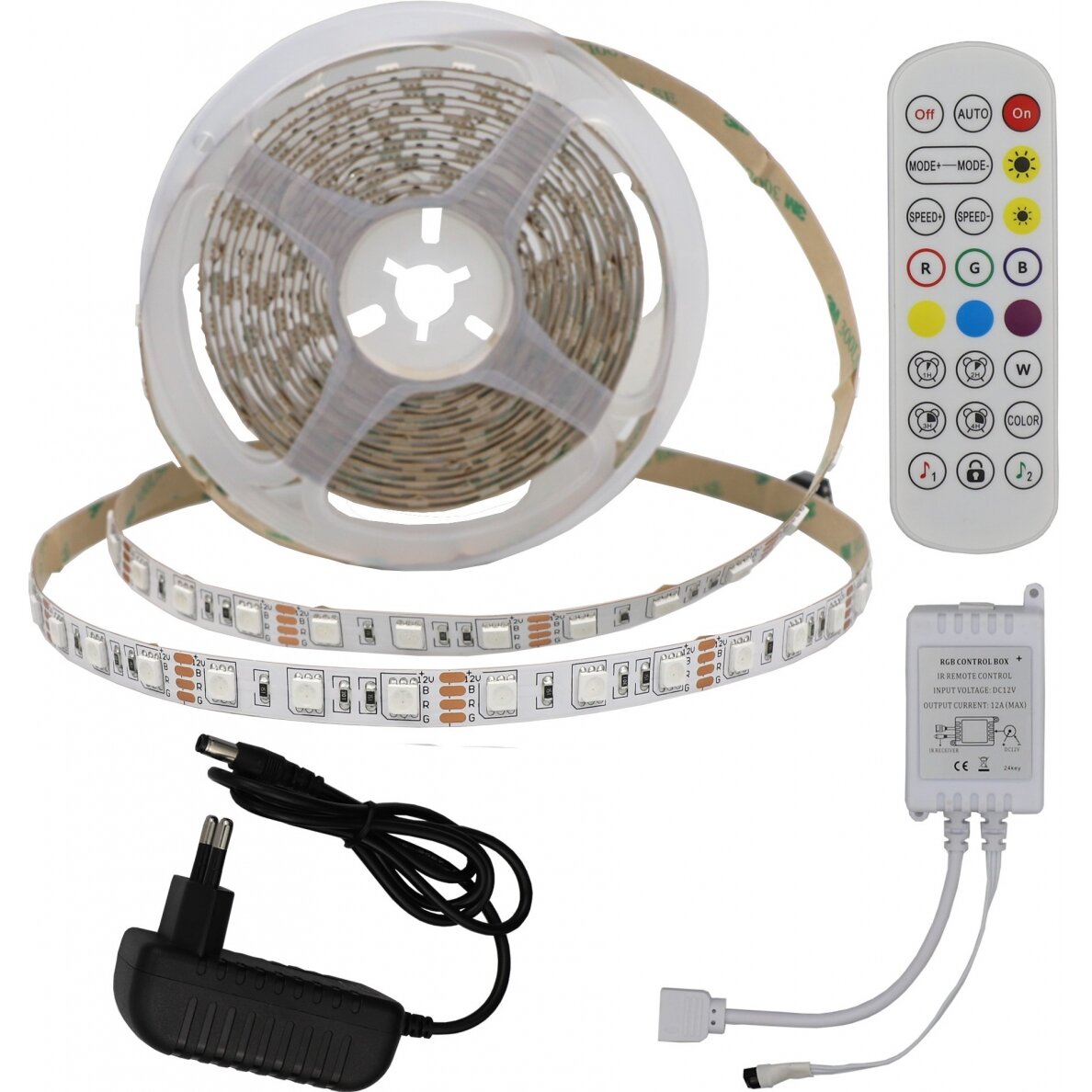 LED juostos rinkinys, 36W, 12V, AC adapteris, nuotolinis valdymas, RGB spalvos LED juostos rinkinys, 36W, 12V, AC adapteris, nuotolinis valdymas, RGB spalvos
