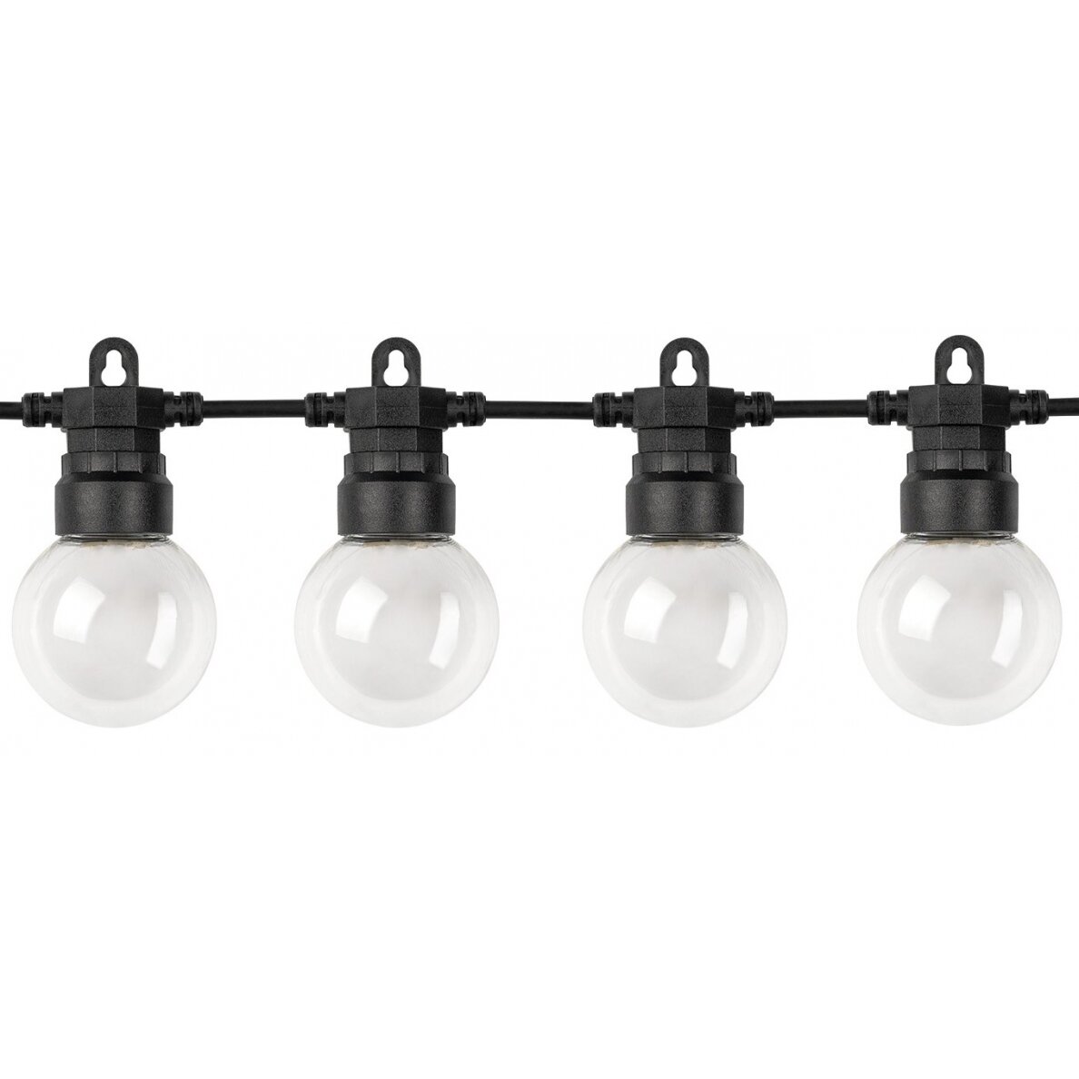 LED lauko saulės girlianda, 10m, 20 lizdų, G50, skaidrios lemputės, šilta balta šviesa