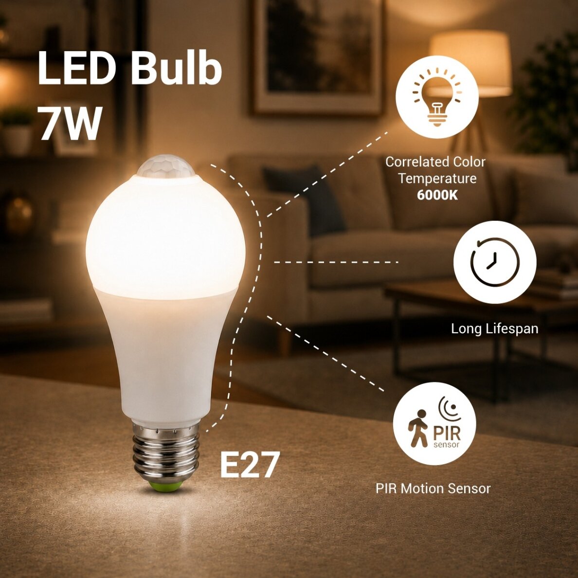 LED Bulb E27 7W, PIR Sensor, White Light 2