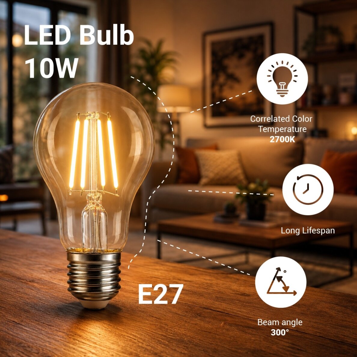 LED lemputė E27 A60 10W, šilta balta šviesa 1
