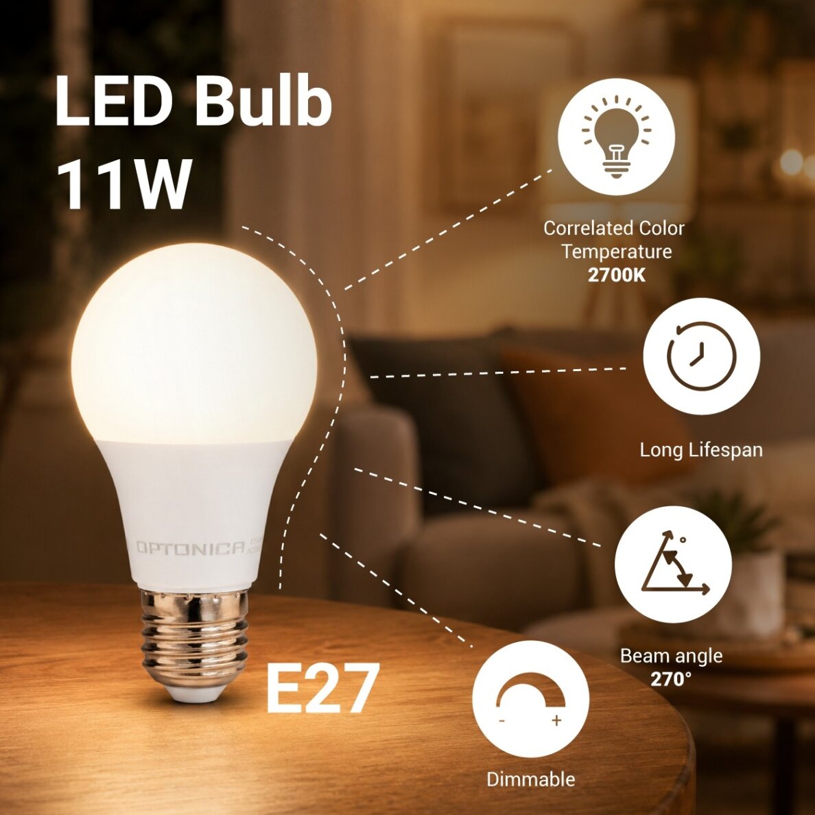 LED lemputė E27 A60 11W, dimeriuojama, šilta balta šviesa 1
