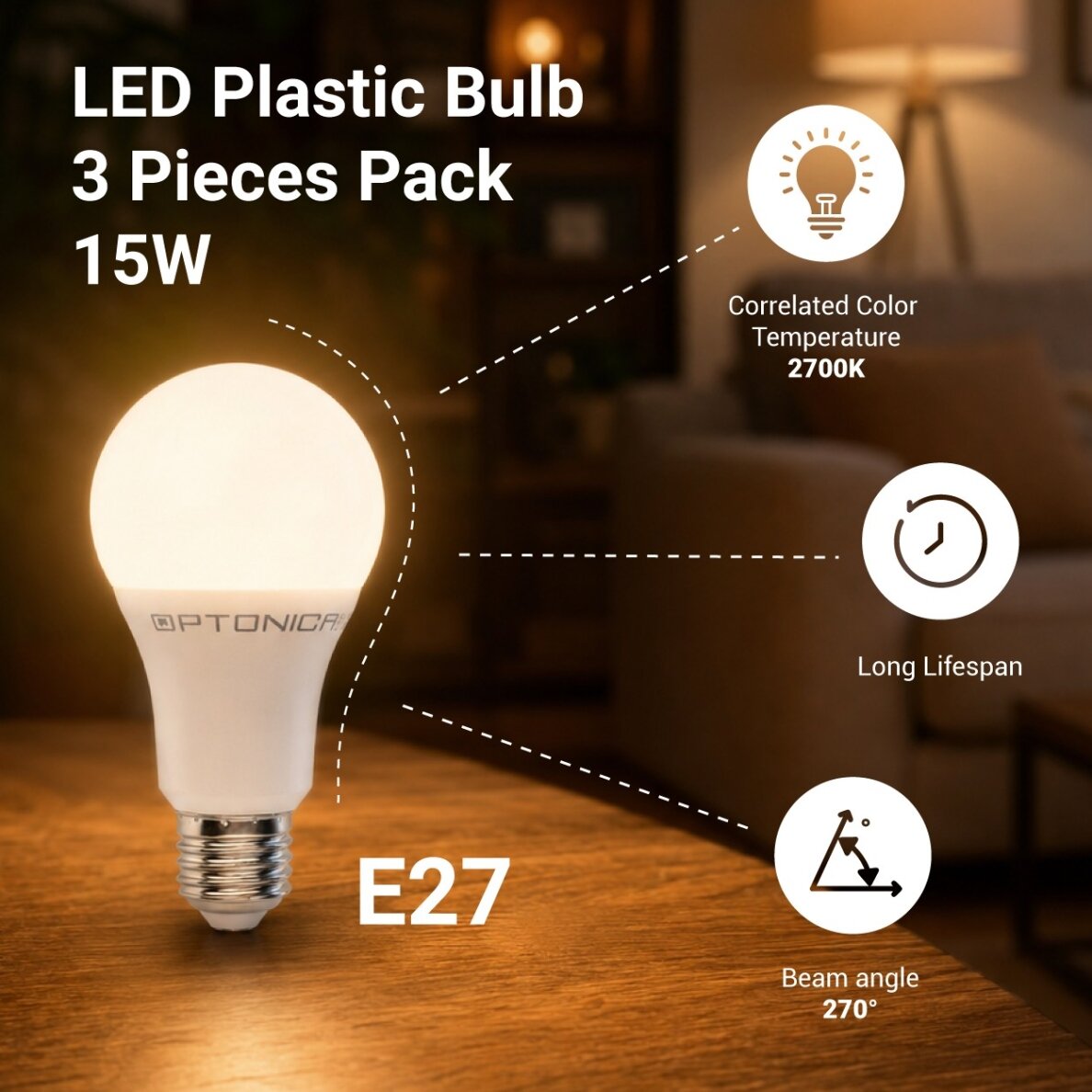 LED lemputė E27 A60 15W, 5 metai garantija, 3vnt./pak., šilta balta šviesa 1