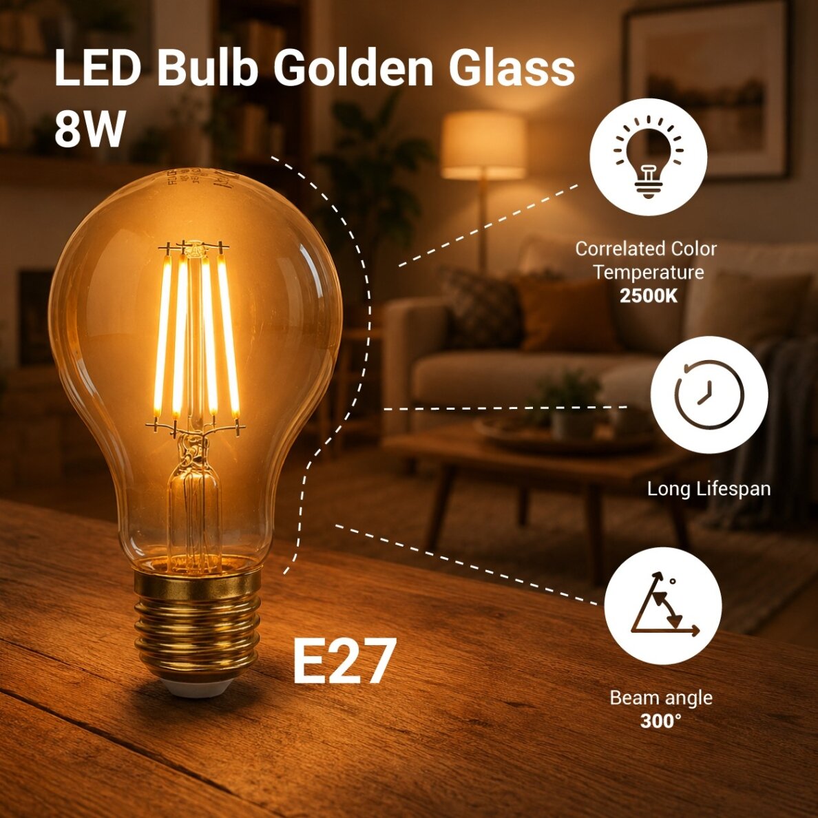 LED lemputė E27 A60 8W, auksinė, šilta balta šviesa 4