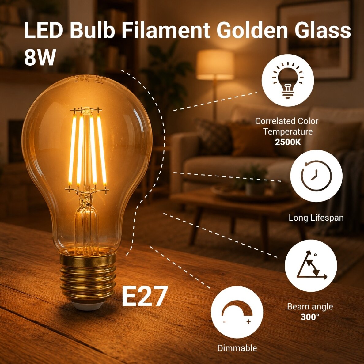 LED lemputė E27 A60 8W, dimeriuojama, auksinė, šilta balta šviesa 2 LED lemputė E27 A60 8W, dimeriuojama, auksinė, šilta balta šviesa 2