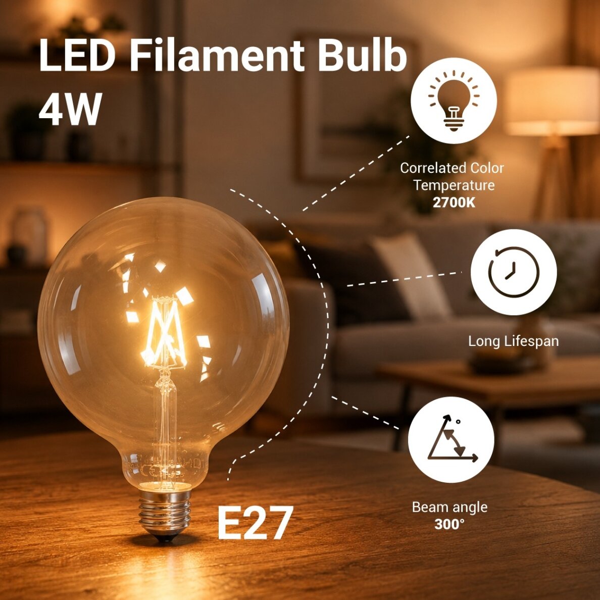 LED Bulb E27 G125 4W, Warm Light 2