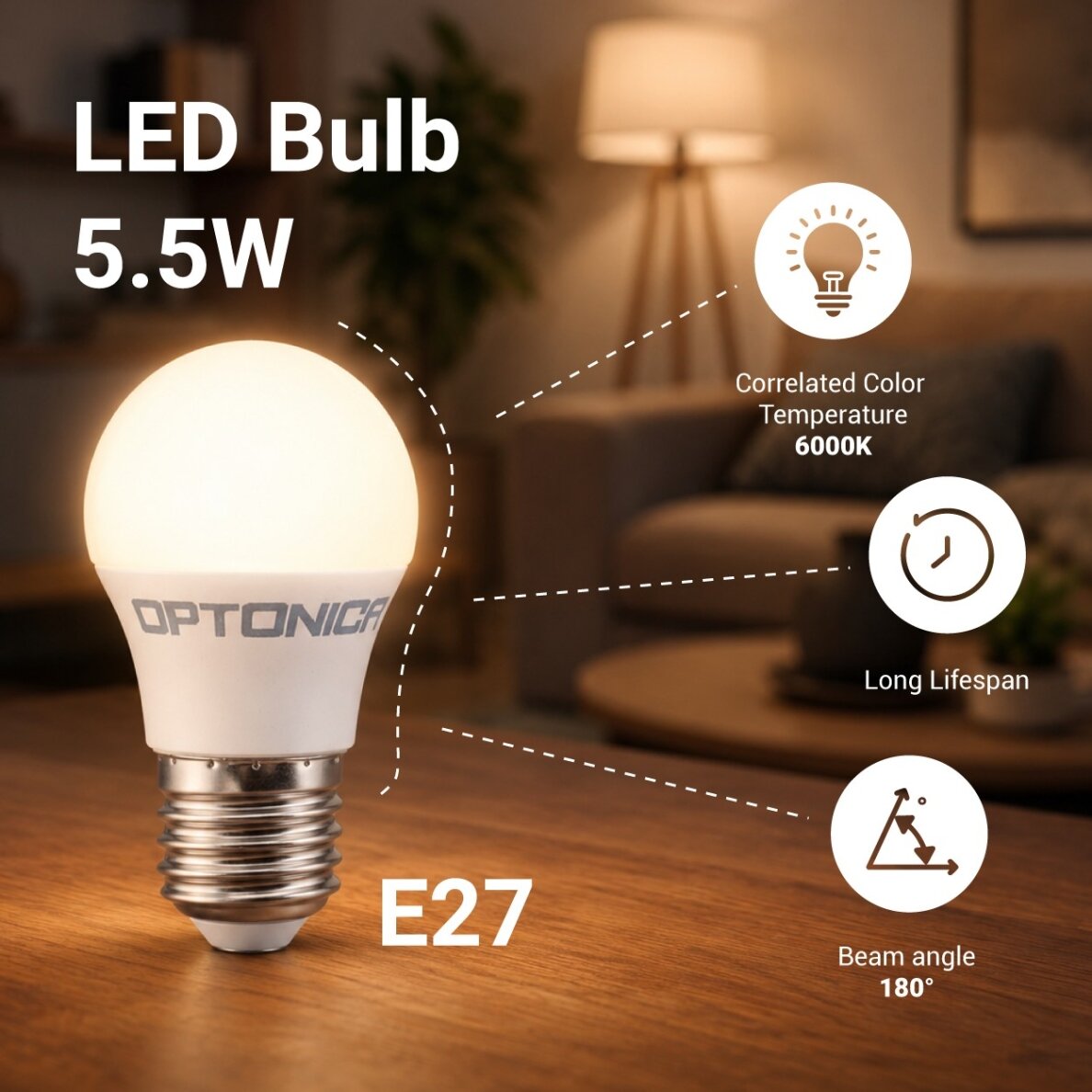 LED lemputė E27 G45 5.5W, šalta balta šviesa 1