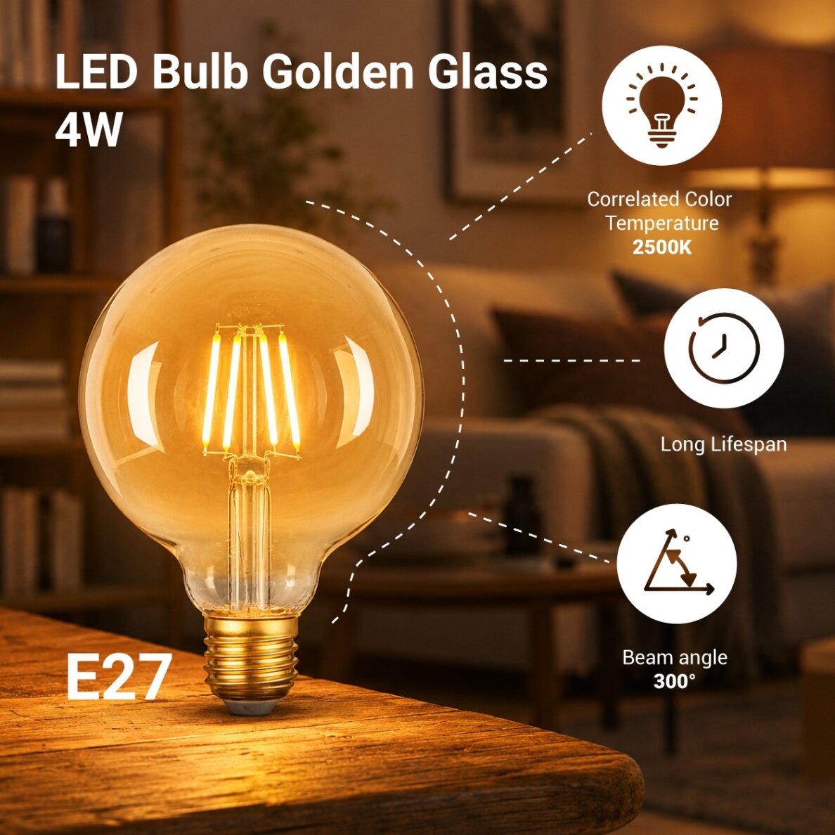 LED Bulb E27 G95 4W, Golden, Warm Light 1