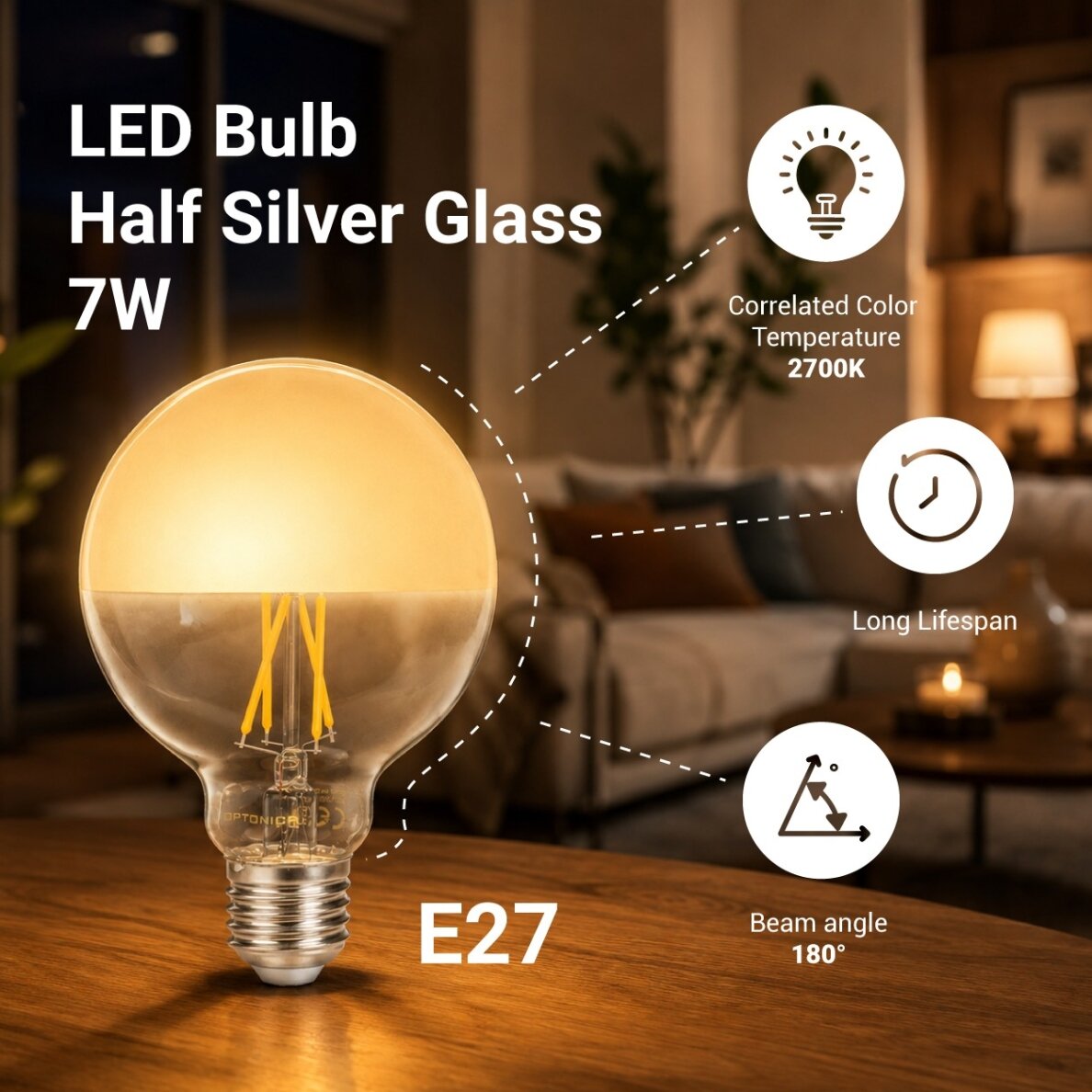 LED Bulb E27 G95 7W, Half Silver, Warm Light 1