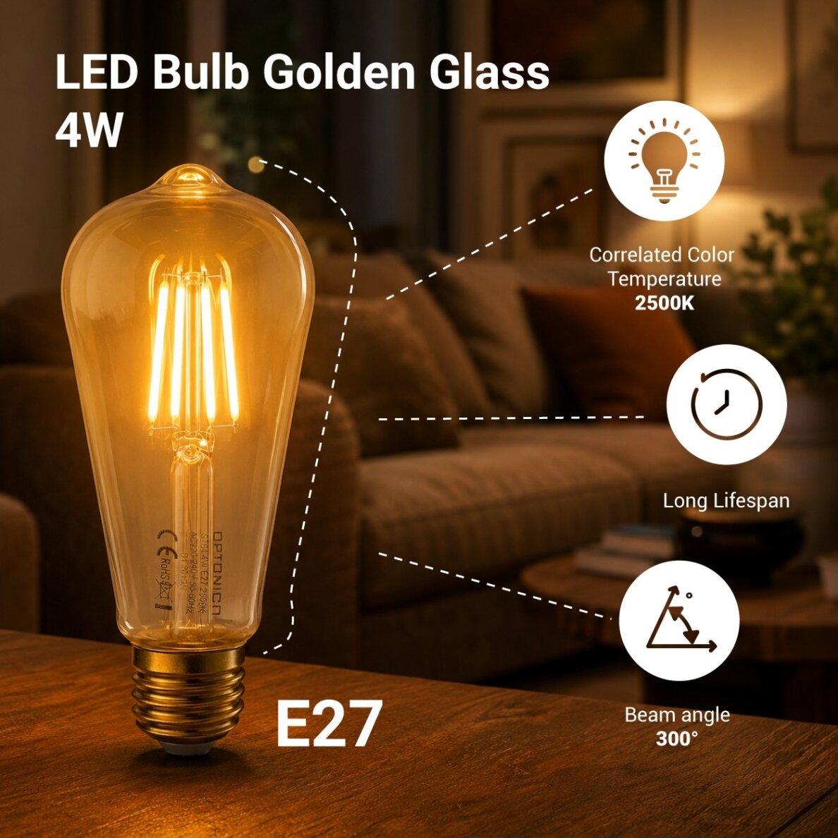 LED Bulb E27 ST64 4W, Warm Light 1