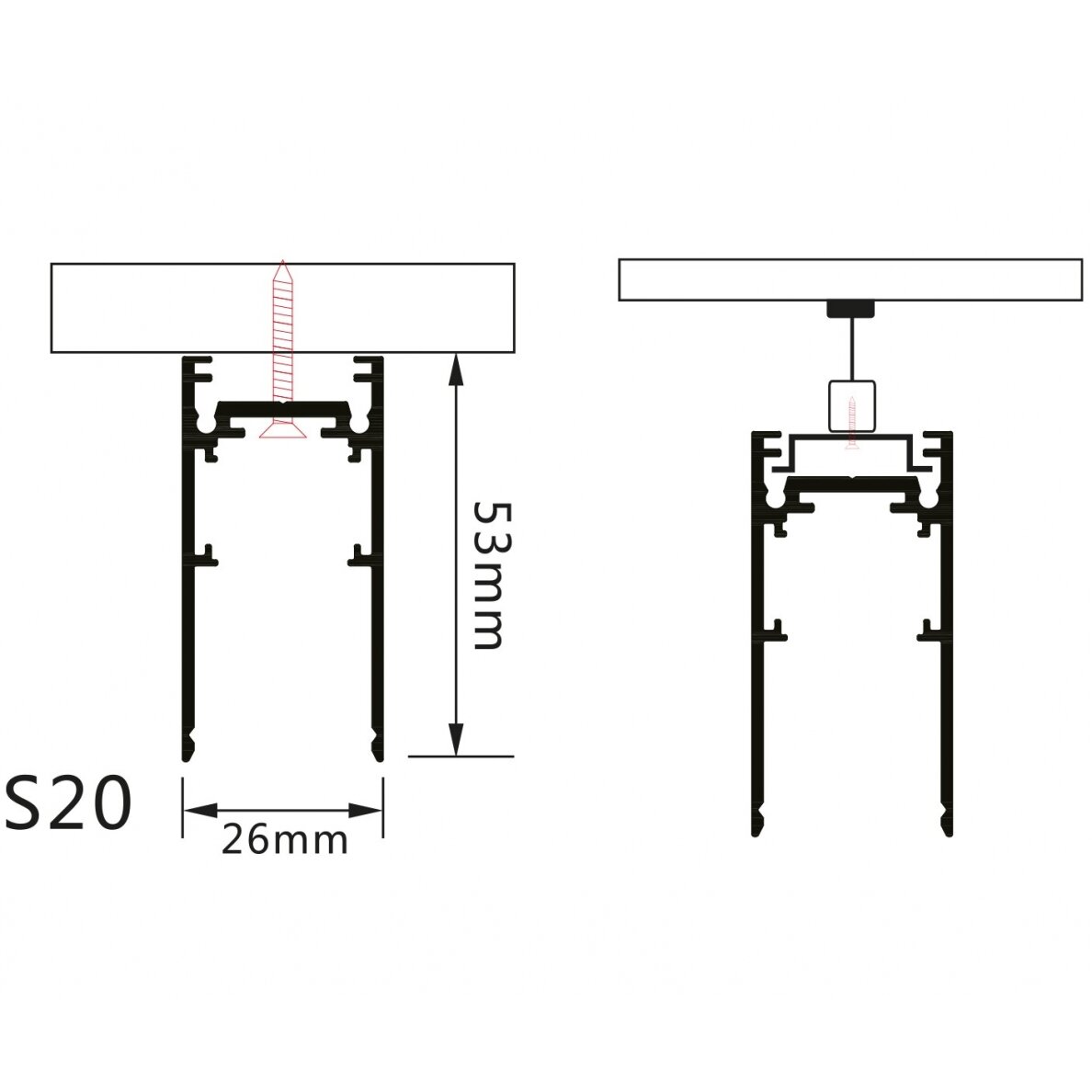 LED Magnetic Track System S20, width 2.5cm, Hanging/Surface, Black, length 1.5m 2