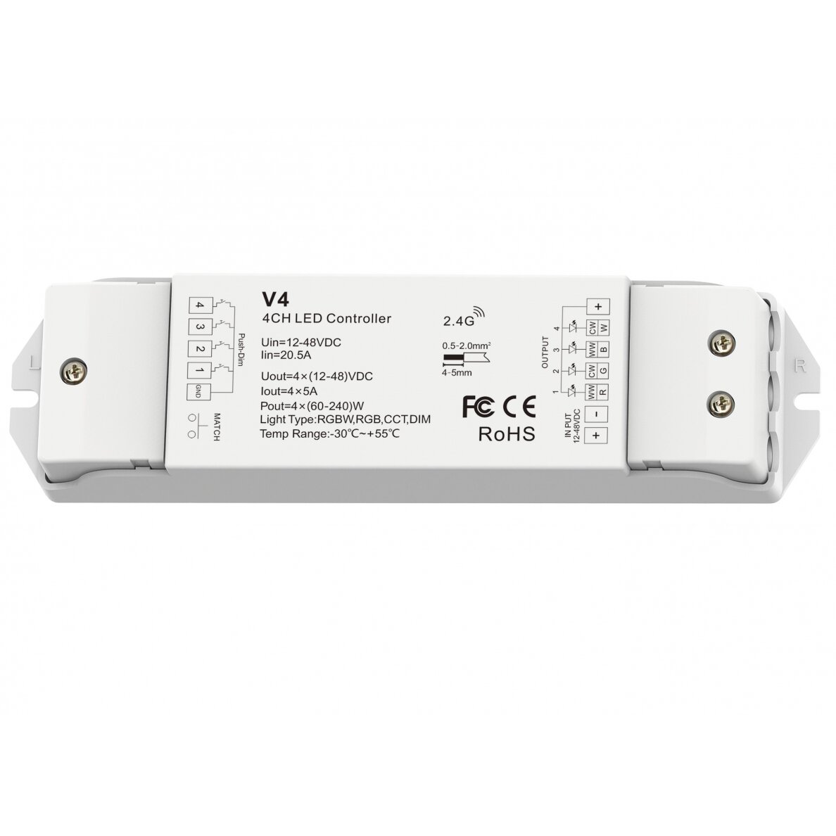 LED pastovios įtampos maitinimo valdiklis, 12-36V, 5A/kan., 4 kanalai, nuotolinis valdymas 1 LED pastovios įtampos maitinimo valdiklis, 12-36V, 5A/kan., 4 kanalai, nuotolinis valdymas 1
