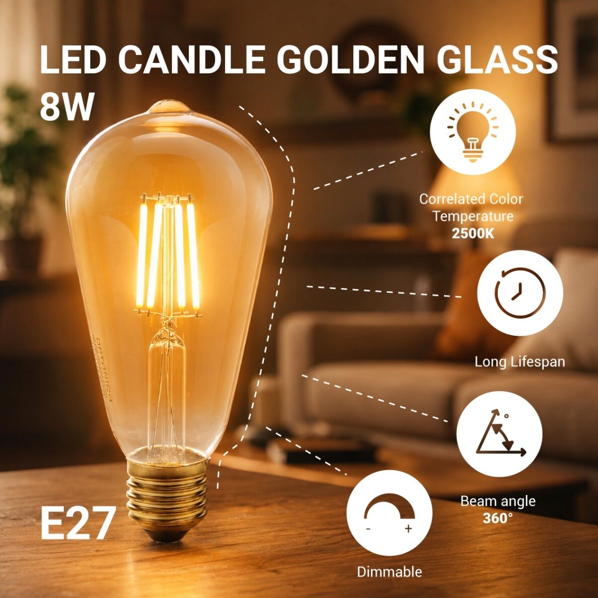 LED žvakė ST64 8W, auksinė, dimeriuojama, šilta balta šviesa 1