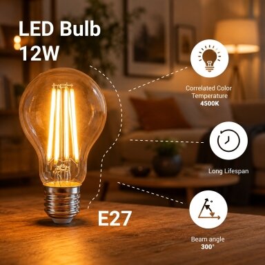 LED lemputė E27 A60 12W, neutrali balta šviesa