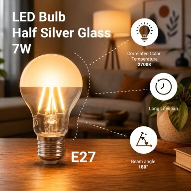 LED lemputė E27 A60 7W, pusiau sidabrinė, šilta balta šviesa