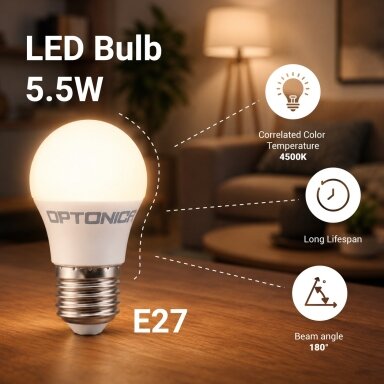 LED lemputė E27 G45 5.5W, neutrali balta šviesa