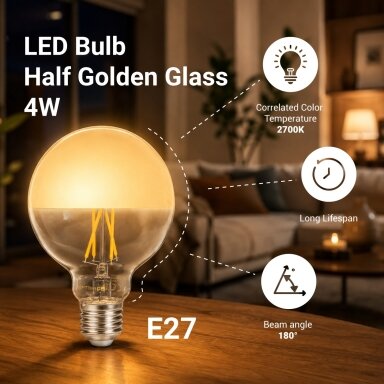 LED lemputė E27 G95 4W, pusiau auksinė, šilta balta šviesa