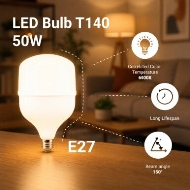 LED lemputė E27 T140 50W, šalta balta šviesa