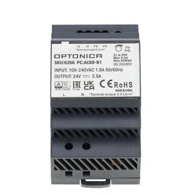 LED maitinimo šaltinis, 60W, 24V, 2.5A, plonas, DIN