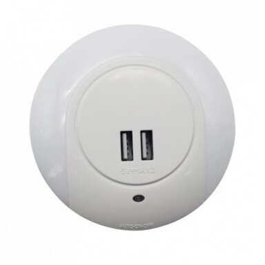 LED naktinis šviestuvas į rozetę, 0.5W, 2xUSB, baltas, šalta balta šviesa