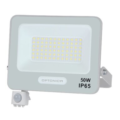 LED prožektorius, baltas, PIR jutiklis, 50W, 120°, šalta balta šviesa