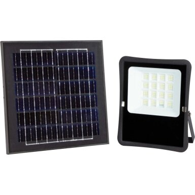 LED prožektorius, juodas, su saulės baterija, 20W, 1600Lm, šalta balta šviesa