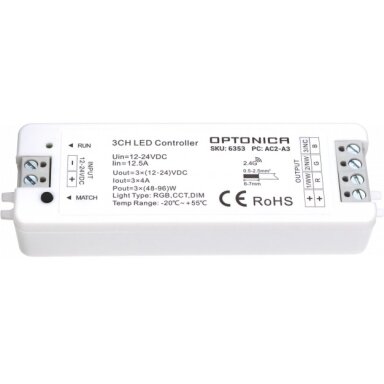 LED RGB pastovios įtampos maitinimo valdiklis, 12-24V, 4A/kan., 3 kanalai