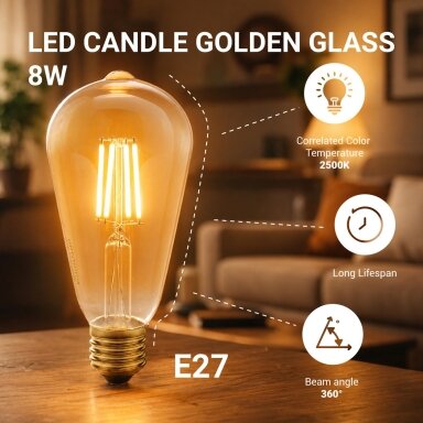 LED žvakė ST64 8W, auksinė, šilta balta šviesa