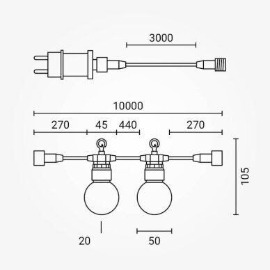LED lauko girlianda, juoda, 13m, 20 lizdų, 6W, šilta balta šviesa 5