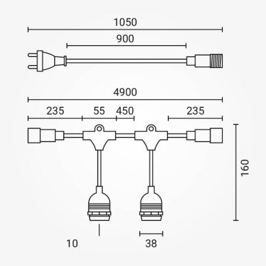 LED Outdoor String Light, Black, 6m, 10Pcs., Suspended Sockets, without Bulbs 6 LED Outdoor String Light, Black, 6m, 10Pcs., Suspended Sockets, without Bulbs 6