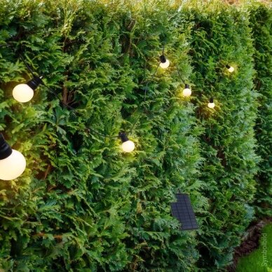 LED lauko saulės girlianda, 10m, 20 lizdų, G50, matinės lemputės, šilta balta šviesa 2 LED lauko saulės girlianda, 10m, 20 lizdų, G50, matinės lemputės, šilta balta šviesa 2