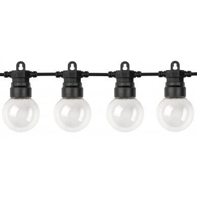 LED lauko saulės girlianda, 10m, 20 lizdų, G50, skaidrios lemputės, šilta balta šviesa