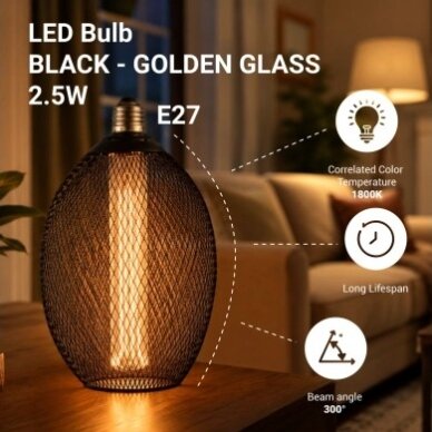 LED lemputė E27 2.5W, ažūrinis gaubtas, juodas, šilta balta šviesa 4 LED lemputė E27 2.5W, ažūrinis gaubtas, juodas, šilta balta šviesa 4