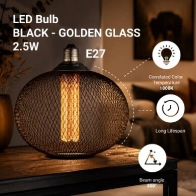 LED lemputė E27 2.5W, ažūrinis gaubtas, juodas, šilta balta šviesa 4 LED lemputė E27 2.5W, ažūrinis gaubtas, juodas, šilta balta šviesa 4