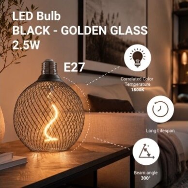 LED lemputė E27 2.5W, ažūrinis gaubtas, juodas, šilta balta šviesa 4 LED lemputė E27 2.5W, ažūrinis gaubtas, juodas, šilta balta šviesa 4