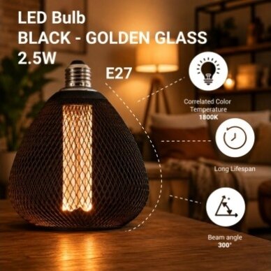 LED lemputė E27 2.5W, ažūrinis gaubtas, juodas, šilta balta šviesa 4 LED lemputė E27 2.5W, ažūrinis gaubtas, juodas, šilta balta šviesa 4